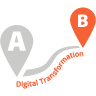 Digital Transformation text under a roadmap with map pin A icon referencing a point-of-origin leading to map pin B icon as the destination for the journey.
