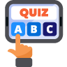 icon story of hand with finger pointing at one of the answers, a, b, c, for a quiz on a computer tablet.