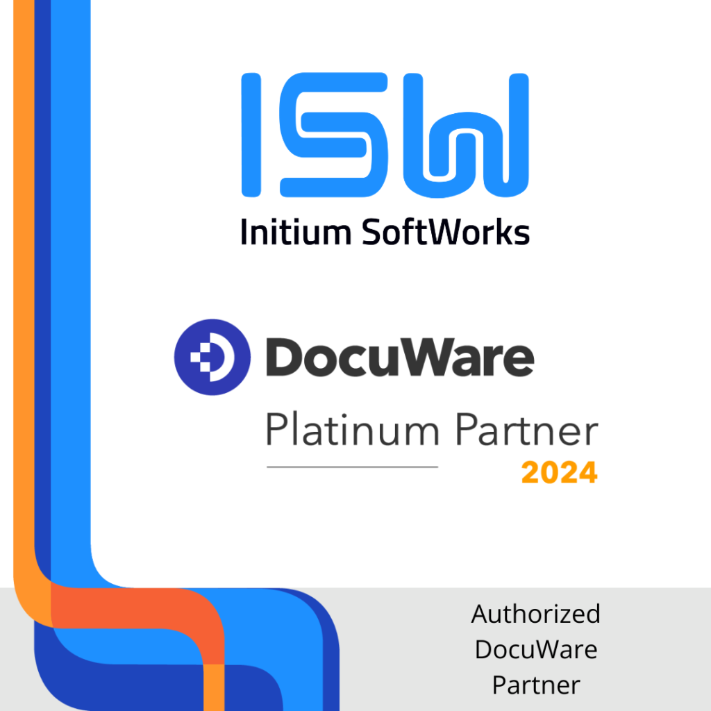 ISW logo above DocuWare Platinum Partner 2024 logo with blue and orange pipe on the left side and "Authorized DocuWare Partner" at the bottom.